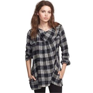 Free People Black and Gray Plaid Cowl Neck Tunic